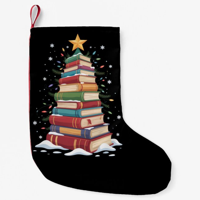 Book Christmas Tree Book Lover Teacher Librarian  Small Christmas Stocking (Front)