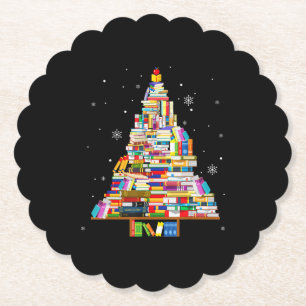 book christmas tree librarian book lovers xmas paper coaster