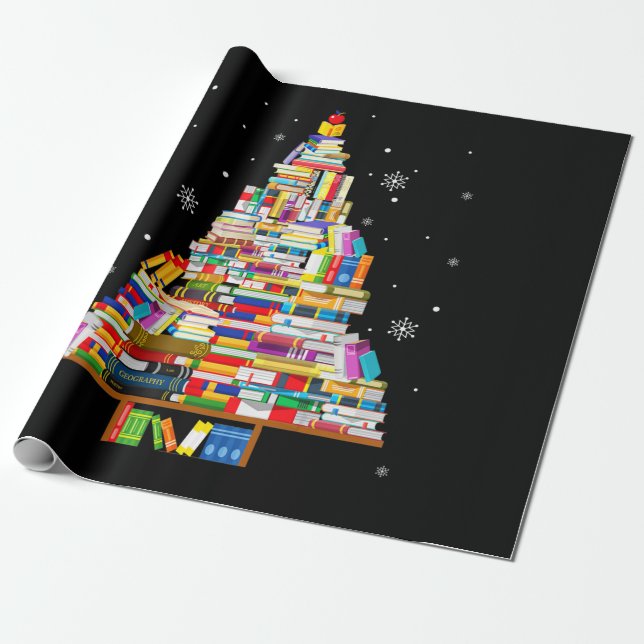 book christmas tree librarian book lovers xmas wrapping paper (Unrolled)