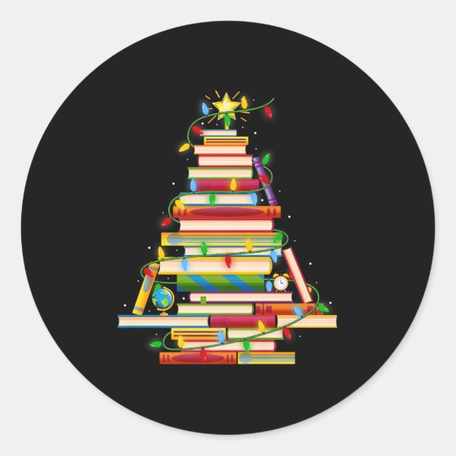 Book Christmas Tree Lights Book Lover Librarian Te Classic Round Sticker (Front)
