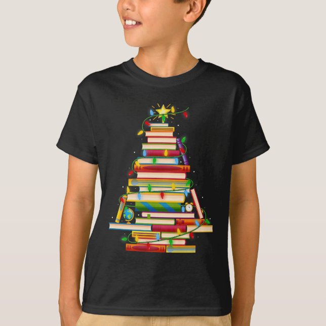 Book Christmas Tree Lights Book Lover Librarian Te T-Shirt (Front)