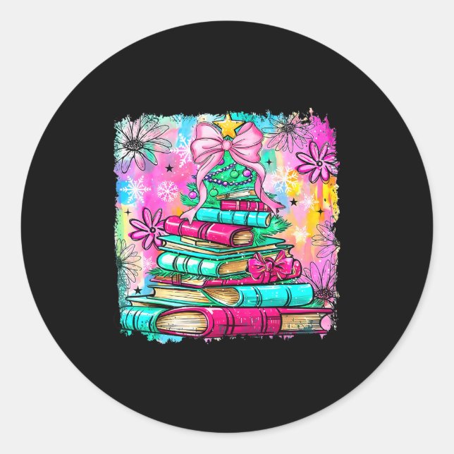 Book Christmas Tree Lights Teacher Librarian Book  Classic Round Sticker (Front)