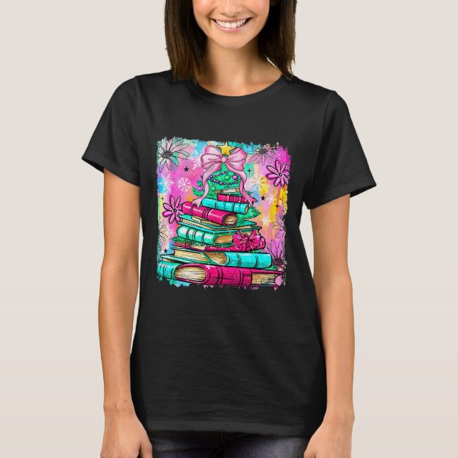 Book Christmas Tree Lights Teacher Librarian Book  T-Shirt (Front)