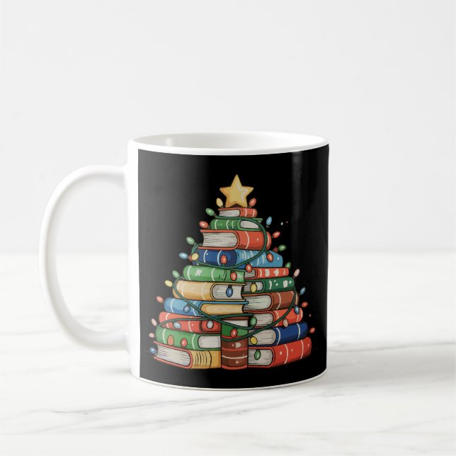 Book Christmas Tree Lights Teacher Librarian Read Coffee Mug (Left)