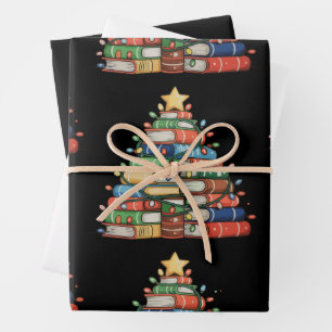 Book Christmas Tree Lights Teacher Librarian Read Wrapping Paper Sheet