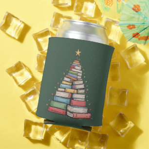 Book Christmas Tree Retro Bookworm Library Can Cooler