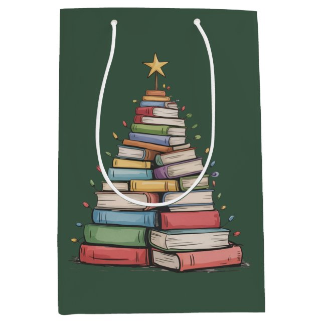 Book Christmas Tree Retro Bookworm Library  Medium Gift Bag (Front)