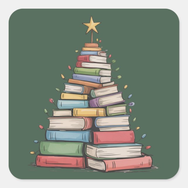 Book Christmas Tree Retro Bookworm Library  Square Sticker (Front)