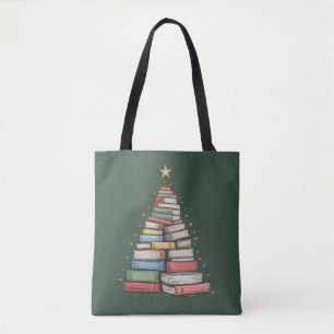 Book Christmas Tree Retro Bookworm Library Tote Bag