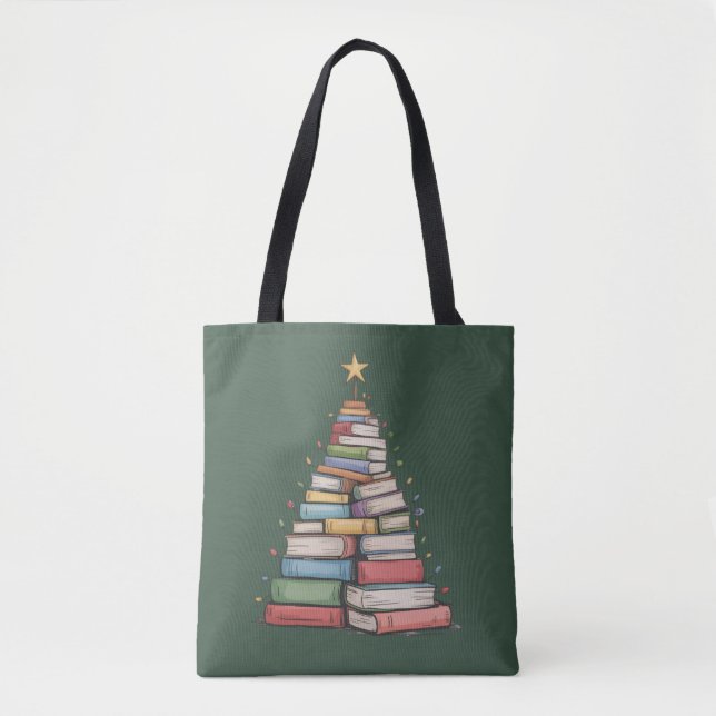 Book Christmas Tree Retro Bookworm Library  Tote Bag (Front)