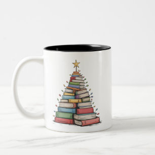 Book Christmas Tree Retro Bookworm Library Two-Tone Coffee Mug