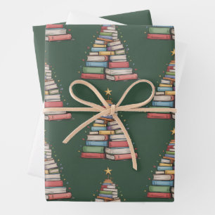 Book Christmas Tree Retro Bookworm Library Wrapping Paper Sheet