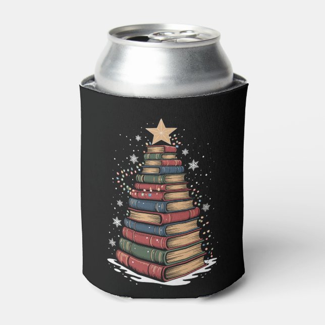 Book Christmas Tree Teacher Librarian Xmas Holiday Can Cooler (Can Front)