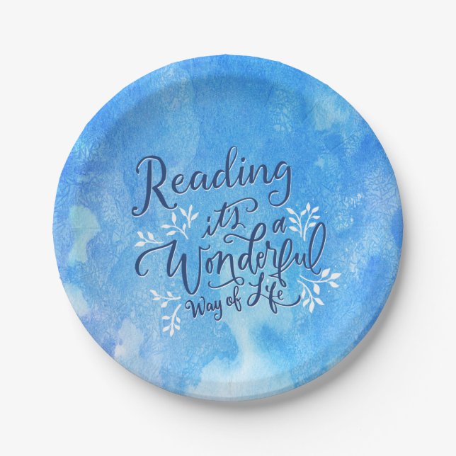 Book Club Blue Typograhy Reading Quote Paper Plate (Front)