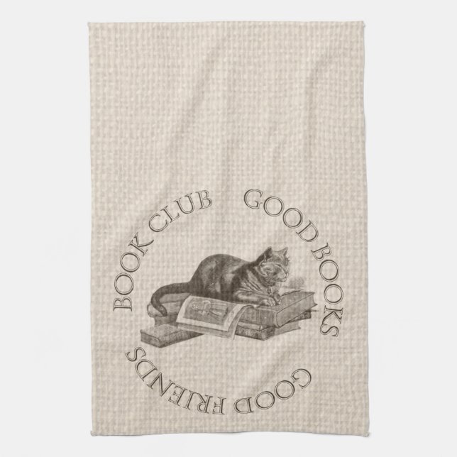 Book Club - Good Books - Good Friends With Cat Tea Towel (Vertical)