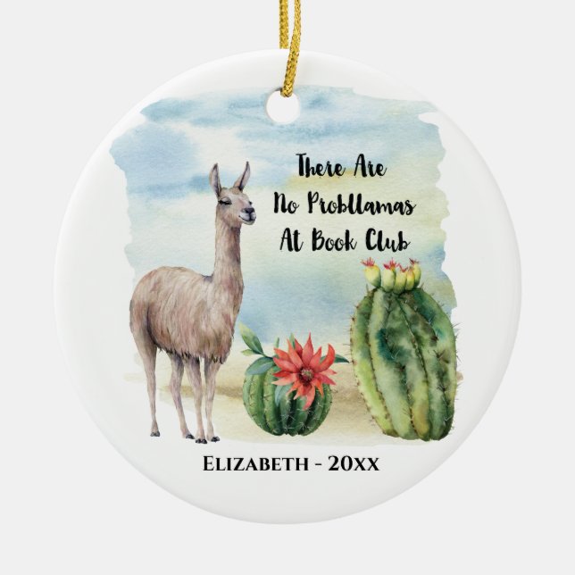 Book Club Member Funny Llama Monogram Ceramic Tree Decoration (Front)