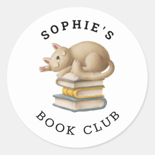 Book Club Name Cute Cat Books Cartoon Classic Round Sticker