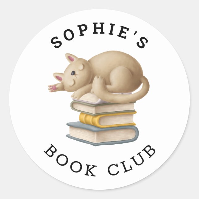Book Club Name Cute Cat Books Cartoon Classic Round Sticker (Front)