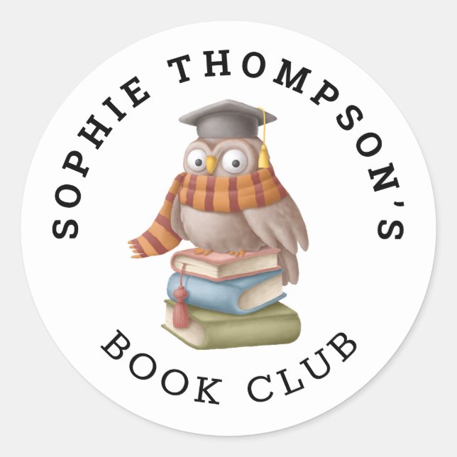 Book Club Name Cute Owl Cap Books Cartoon Classic Round Sticker (Front)