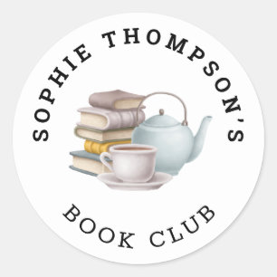 Book Club Name Tea Pot Cup Books Illustration Classic Round Sticker