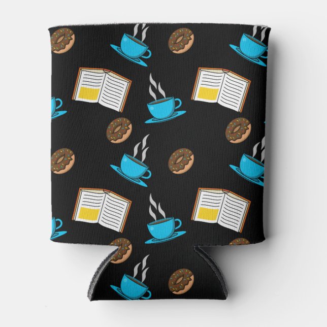 Book Coffee and Doughnut Cartoon Can Cooler (Front)