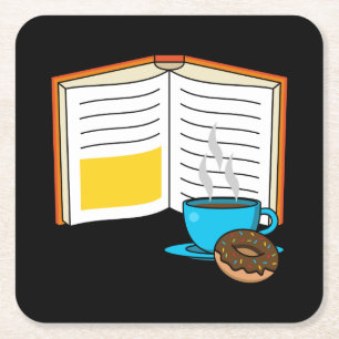 Book Coffee and Doughnut Cartoon Square Paper Coaster