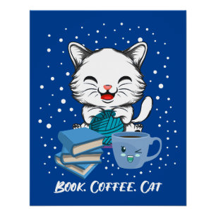 Book Coffee Cat Glossy Poster