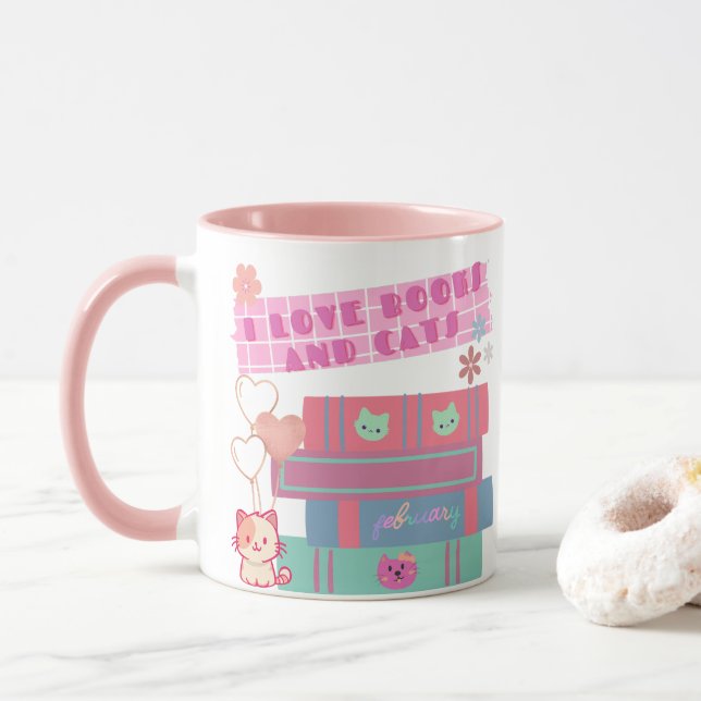 Book Coquette - I Love Books & Cats - Bookish  Mug (With Donut)