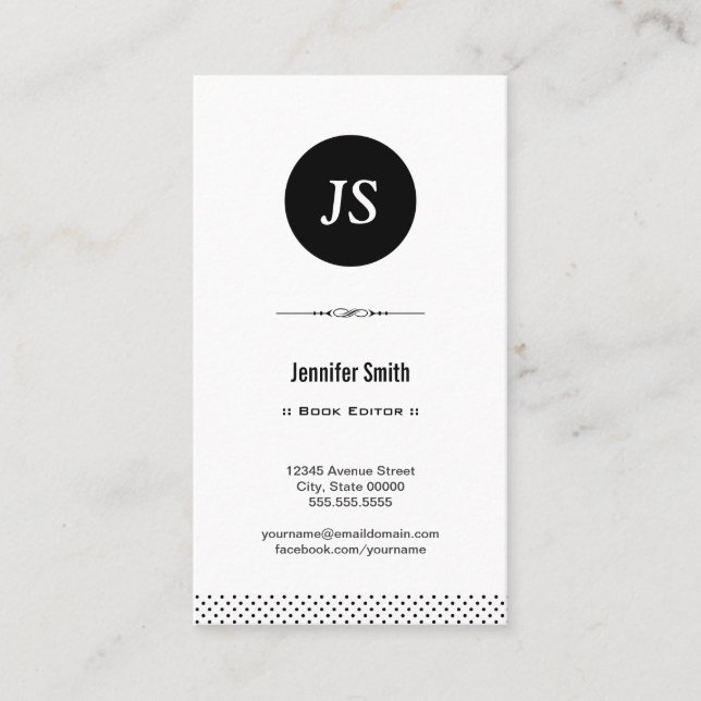 Book Editor - Clean Black White Business Card (Front)