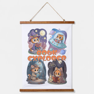 Book Explorer – Cute Cat Reading Adventure Hanging Tapestry