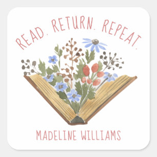 Book Floral Read Return Repeat Bookplate Label