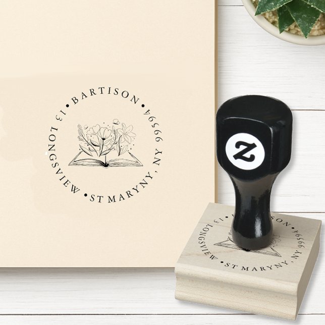 BOOK floral ROUND RETURN ADDRESS  RUBBER STAMP (Creator Uploaded)