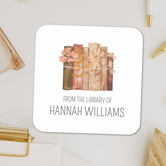 Book Flower Brown From the Library of Bookplate Square Sticker (Close up)