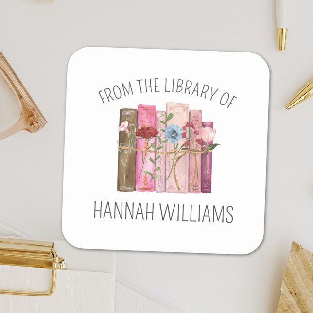 Book Flower Pink From the Library of Bookplate Square Sticker (In situ)