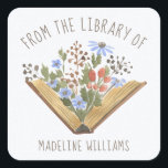 Book From the Library Of  Bookplate Label<br><div class="desc">Pretty open book with flowers bookplate for your special books. Says From the Library Of in curved hand lettered typography at the top. The watercolor book is lovely and features different blooms. Add your name to make sure your books find their way home. This version has faux watercolor colour paper...</div>