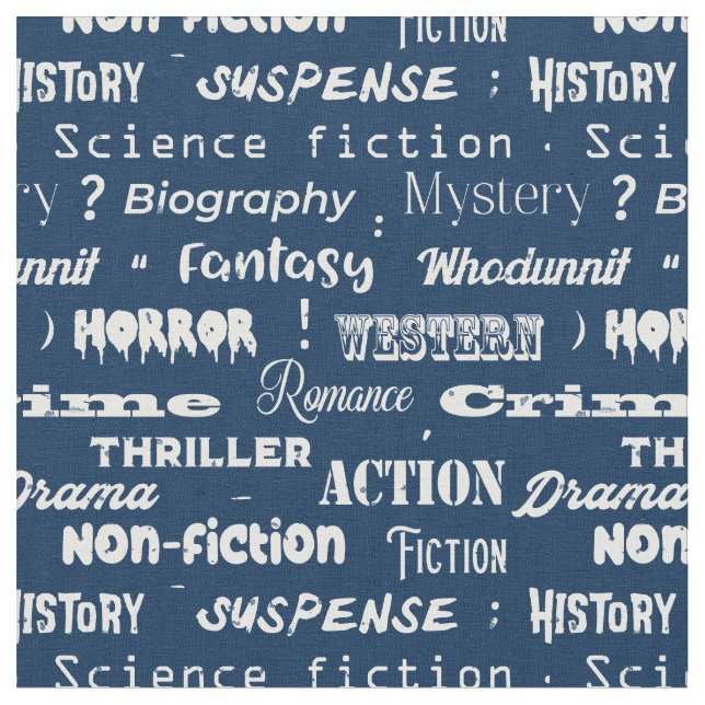 Book Genres Typographic Librarian Blue White Fabric (Close Up)