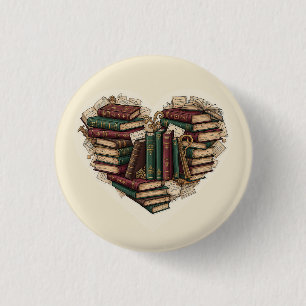 Book Heart Button Vintage Aesthetic Reader Pin