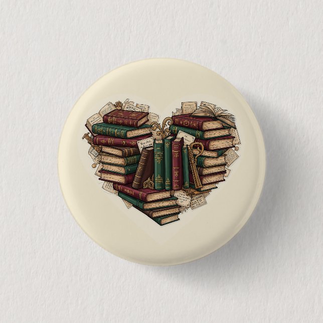 Book Heart Button | Vintage Aesthetic Reader Pin (Front)