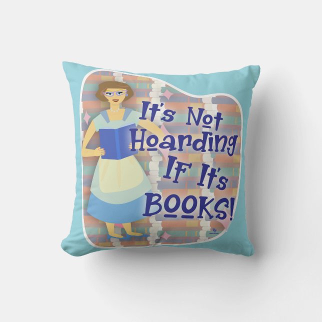  Book Hoarding Gal Retro Kitschy Cartoon Fun Cushion (Front)