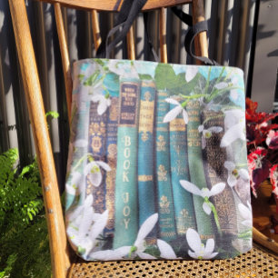 Book Joy Old Green Books & Spring Flowers Tote Bag