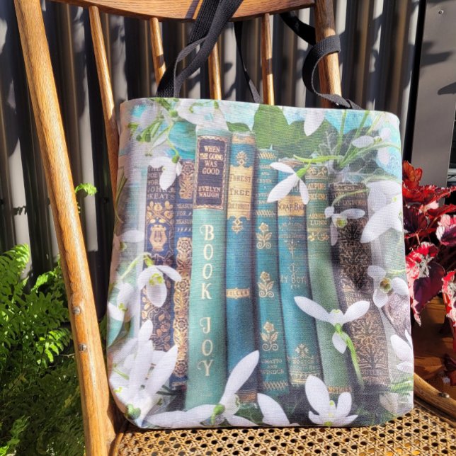 Book Joy Old Green Books & Spring Flowers Tote Bag (Creator Uploaded)