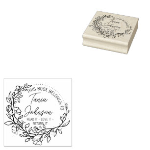 Book library bookplate Custom floral wreath modern Rubber Stamp