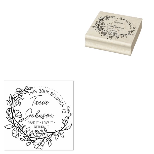 Book library bookplate Custom floral wreath modern Rubber Stamp (Stamped)