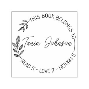 Book library bookplate Custom floral wreath modern Self-inking Stamp