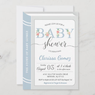 Book Library Building Baby Boy Shower Light Blue Invitation