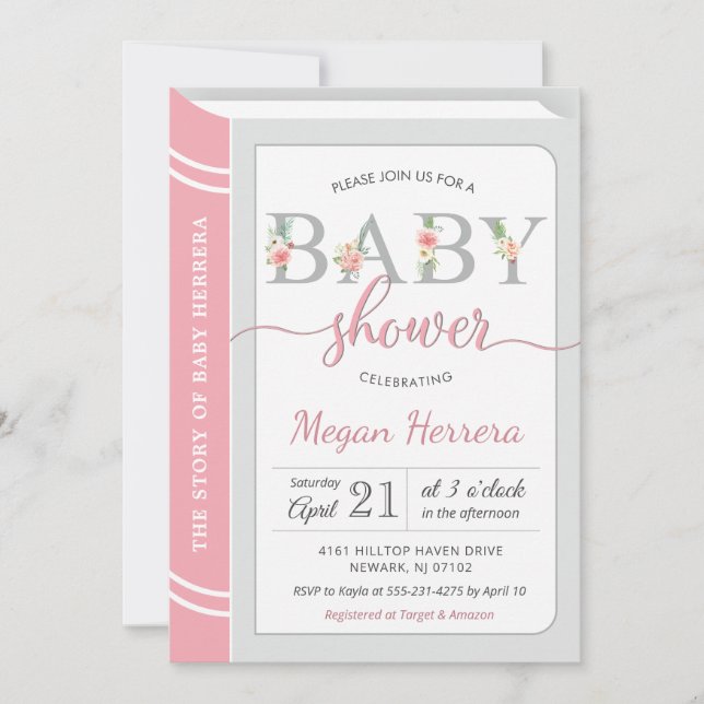 Book Library Building Baby Girl Shower Chic Pink Invitation (Front)