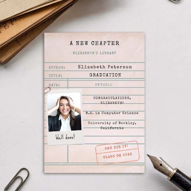 Book Library Card Photo Graduation Announcement (graduation announcement vintage library card polaroid photo template bookish bookworm book lover)
