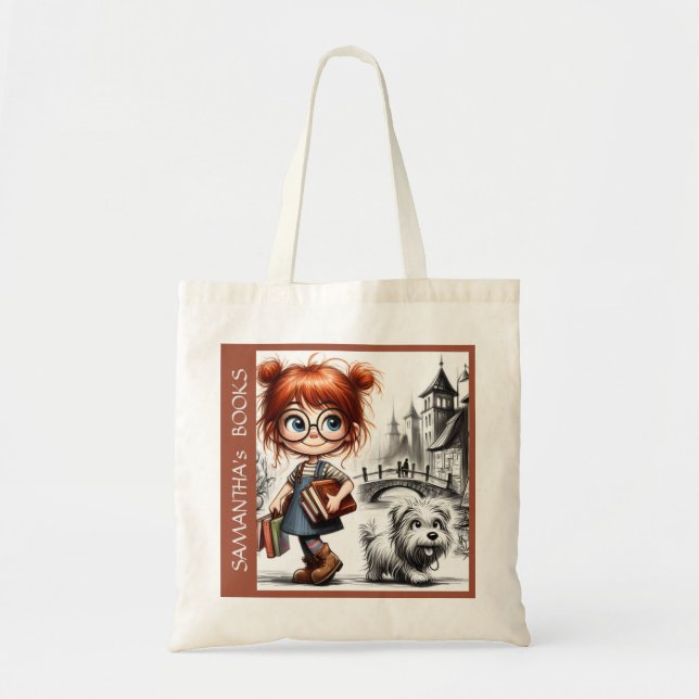 Book Library Girl school hobby colourful painting  Tote Bag (Front)