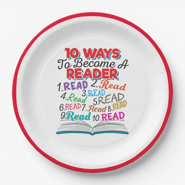 Book Lover 10 Ways to Become a Reader Paper Plate (Front)