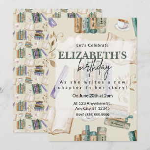 Book Lover Birthday Party Invitation in Cream